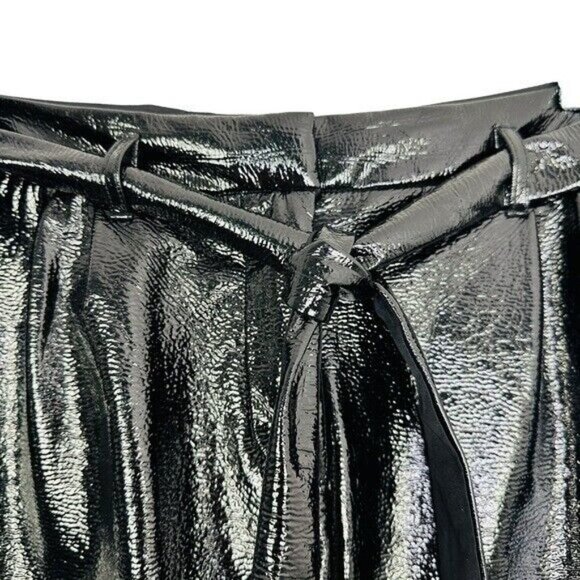 WHO What Wear High Waisted Belted Shiny Faux Leather Black Pants Size 2 - Picture 6 of 10